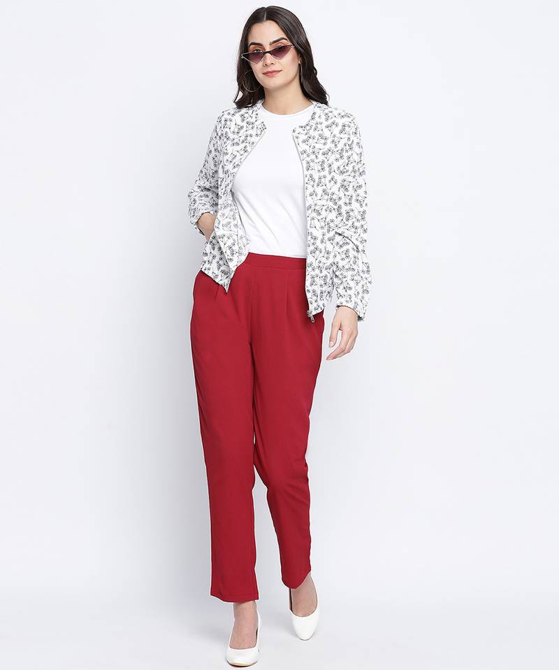 Qalazic white floral print women bomber jacket