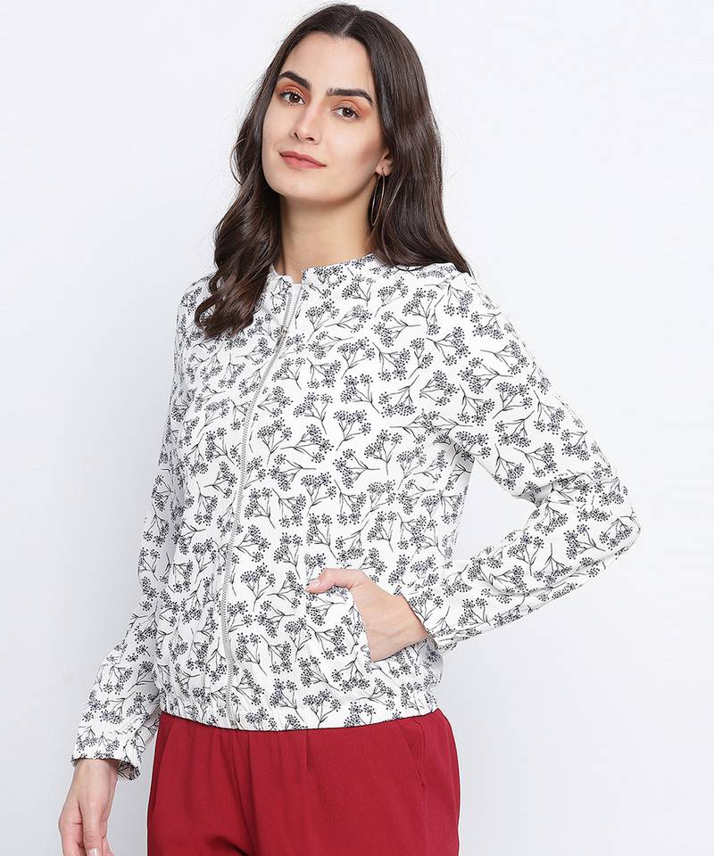 Qalazic white floral print women bomber jacket