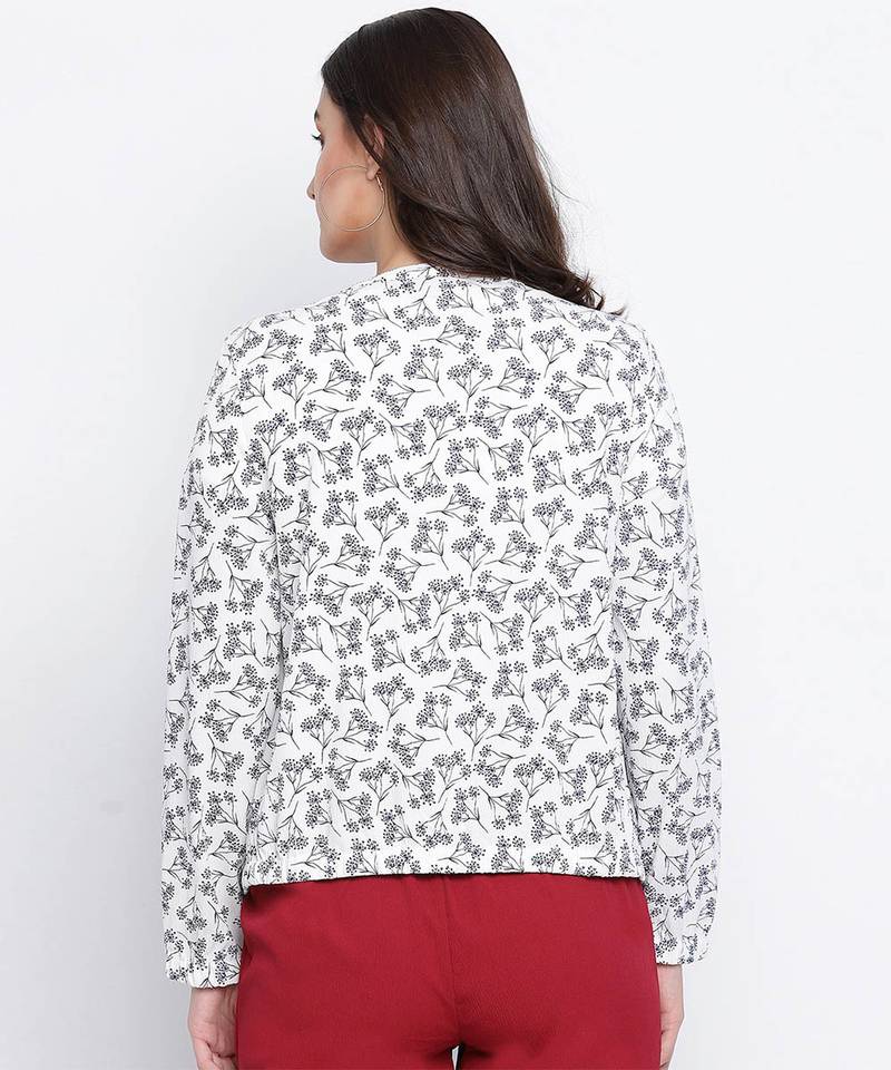 Qalazic white floral print women bomber jacket