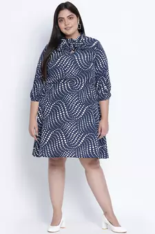 Popper black graphic print plus size tie knot dress