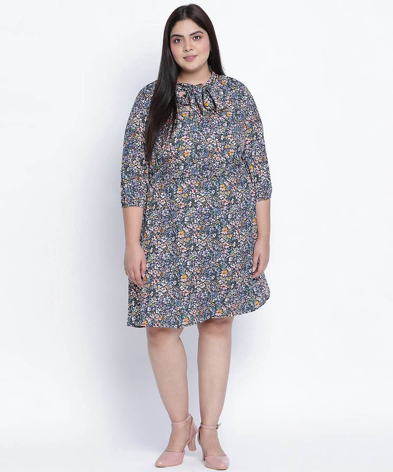 Abanic floric plus size tie knot dress