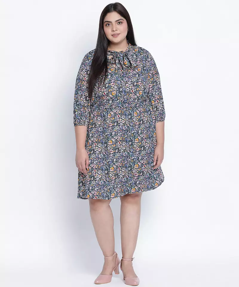 Abanic floric plus size tie knot dress