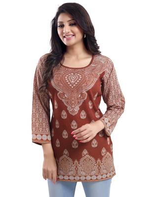 Saree Swarg Brown Faux Crepe Short Kurti Tunic Top 1