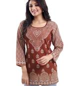 Saree Swarg Brown Faux Crepe Short Kurti Tunic Top