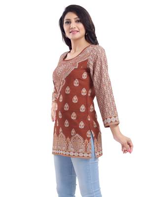 Saree Swarg Brown Faux Crepe Short Kurti Tunic Top 2