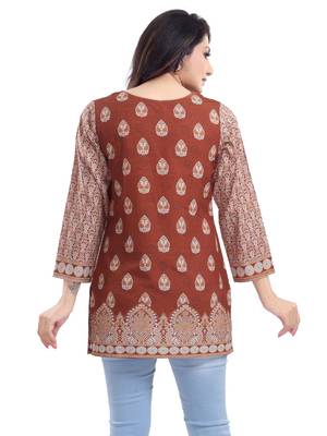 Saree Swarg Brown Faux Crepe Short Kurti Tunic Top 3
