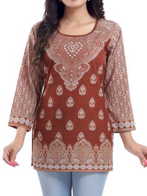 Saree Swarg Brown Faux Crepe Short Kurti Tunic Top 4