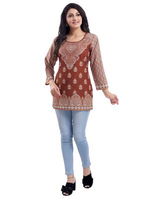 Saree Swarg Brown Faux Crepe Short Kurti Tunic Top 5