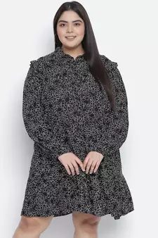 Jabllic black floral printv button down plus size dress