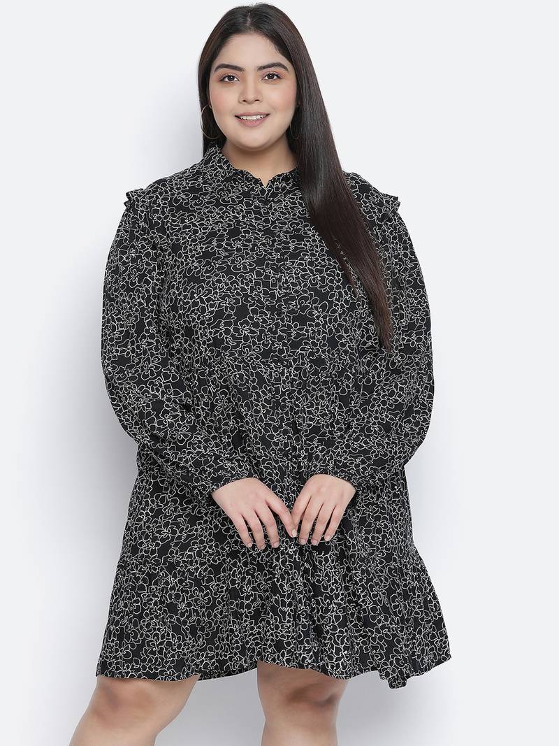 Jabllic black floral printv button down plus size dress