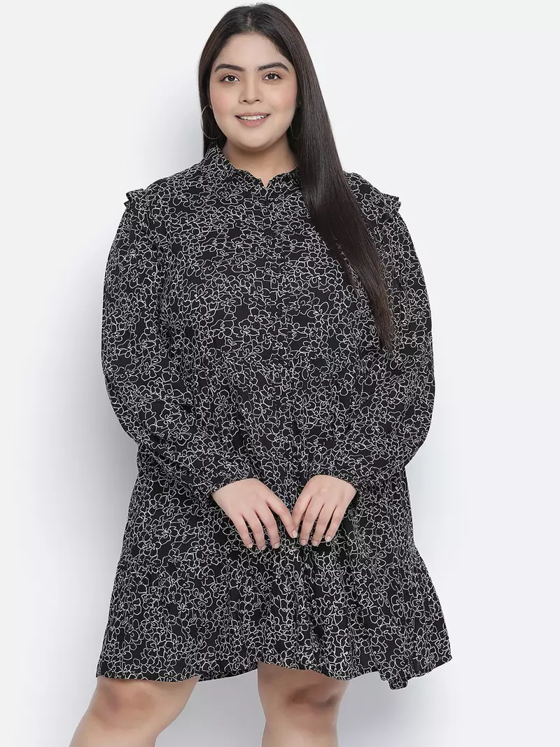 Jabllic black floral printv button down plus size dress