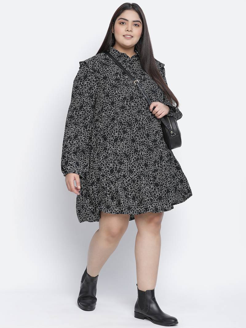Jabllic black floral printv button down plus size dress