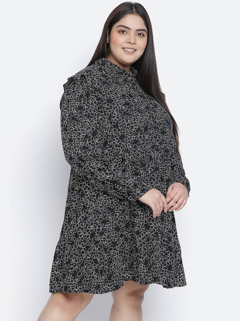 Jabllic black floral printv button down plus size dress