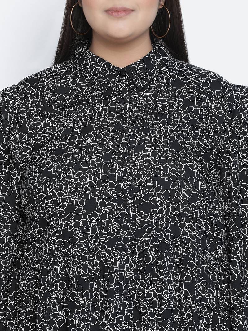 Jabllic black floral printv button down plus size dress