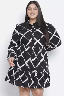 Lavish black check print button-down plus size dress