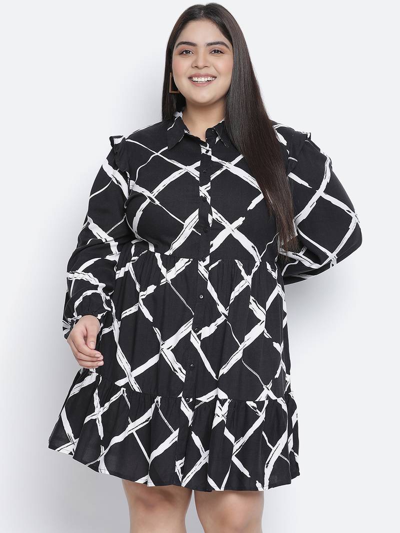 Lavish black check print button-down plus size dress