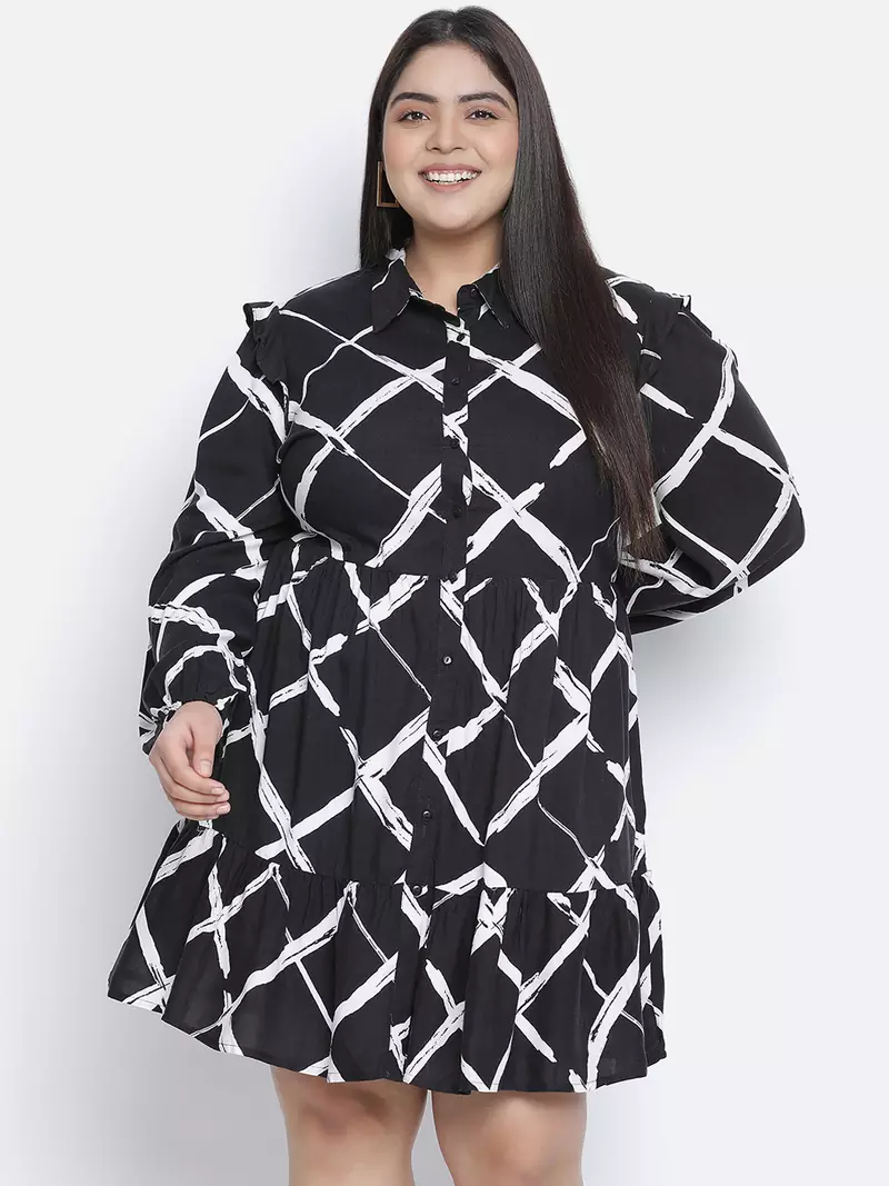 Lavish black check print button-down plus size dress
