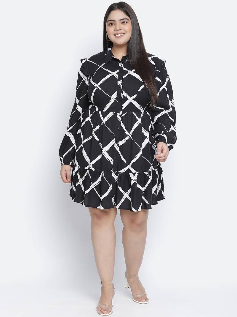 Lavish black check print button-down plus size dress