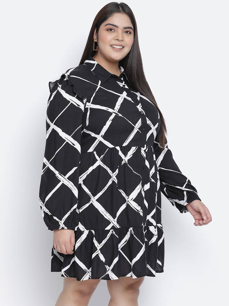 Lavish black check print button-down plus size dress