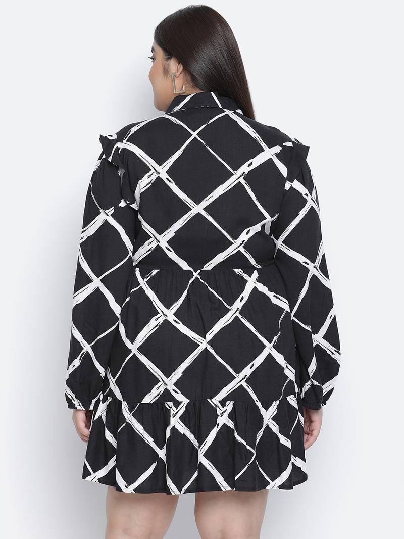 Lavish black check print button-down plus size dress