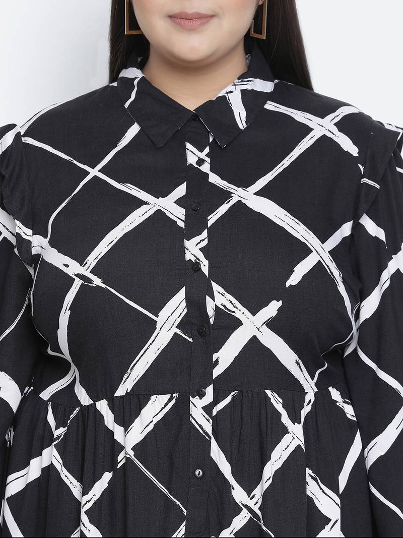 Lavish black check print button-down plus size dress