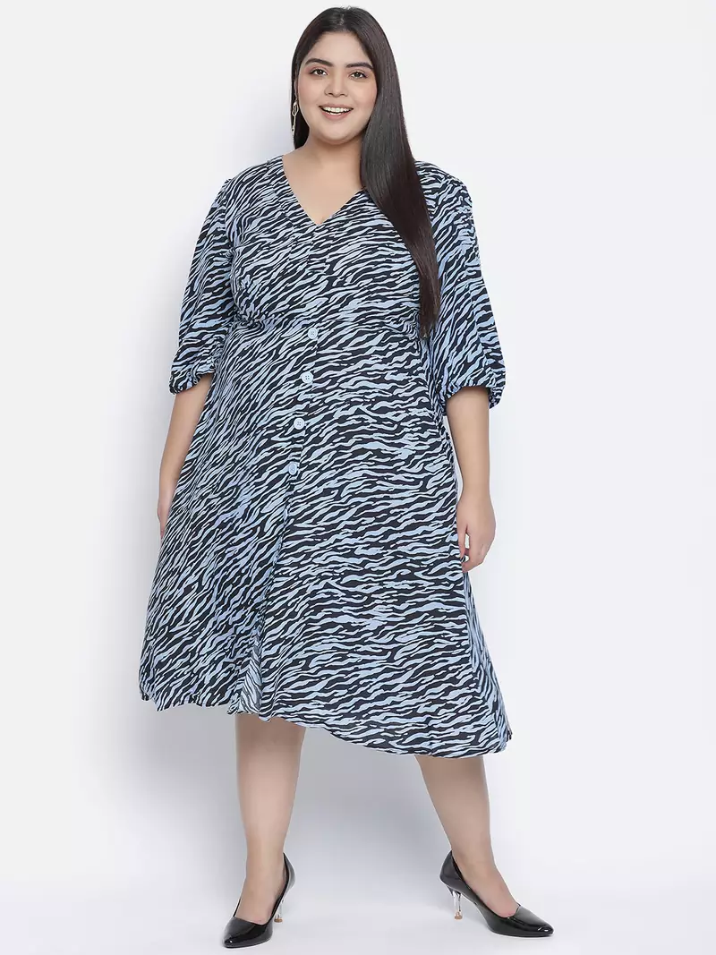 Lazzing Blue animal print button- down plus size women dress