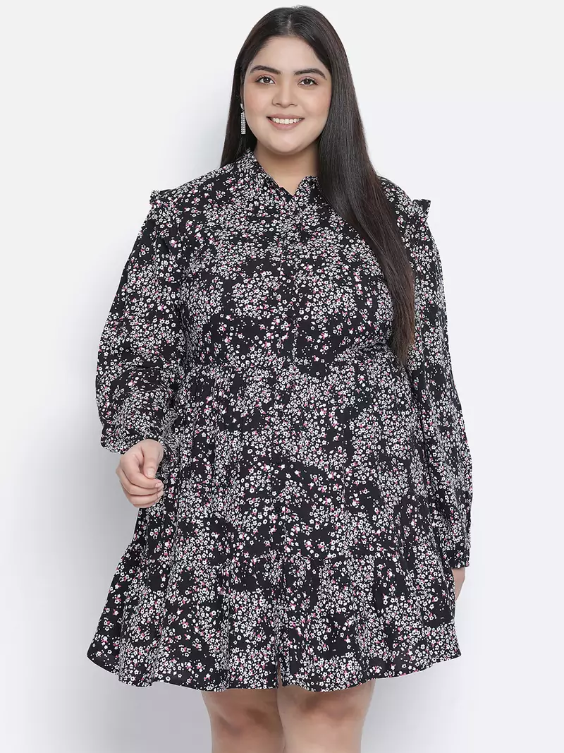 Precious floral print button-down plus size women dress