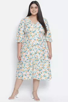 Rom pom animal print button - down plus size women dress