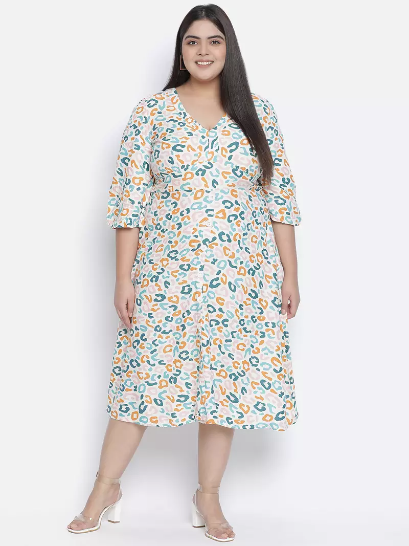 Rom pom animal print button - down plus size women dress