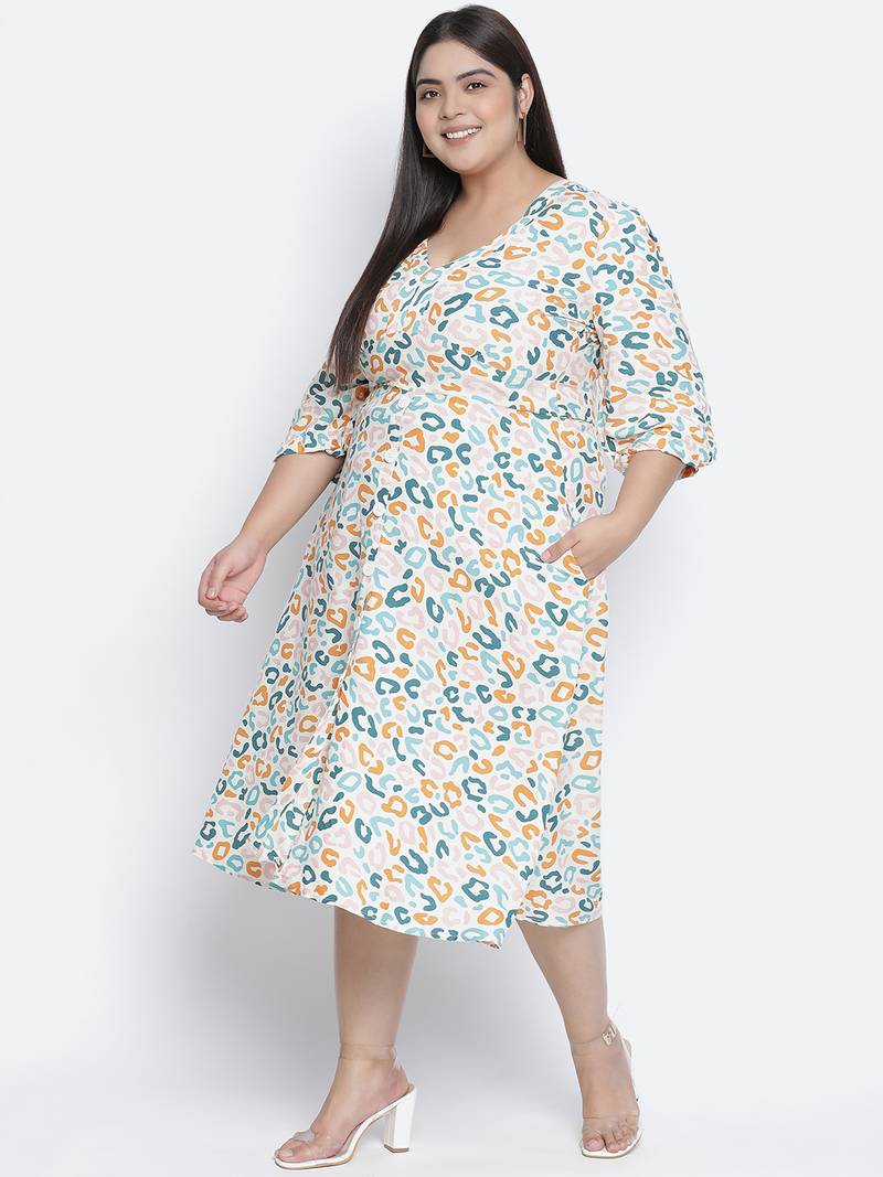 Rom pom animal print button - down plus size women dress