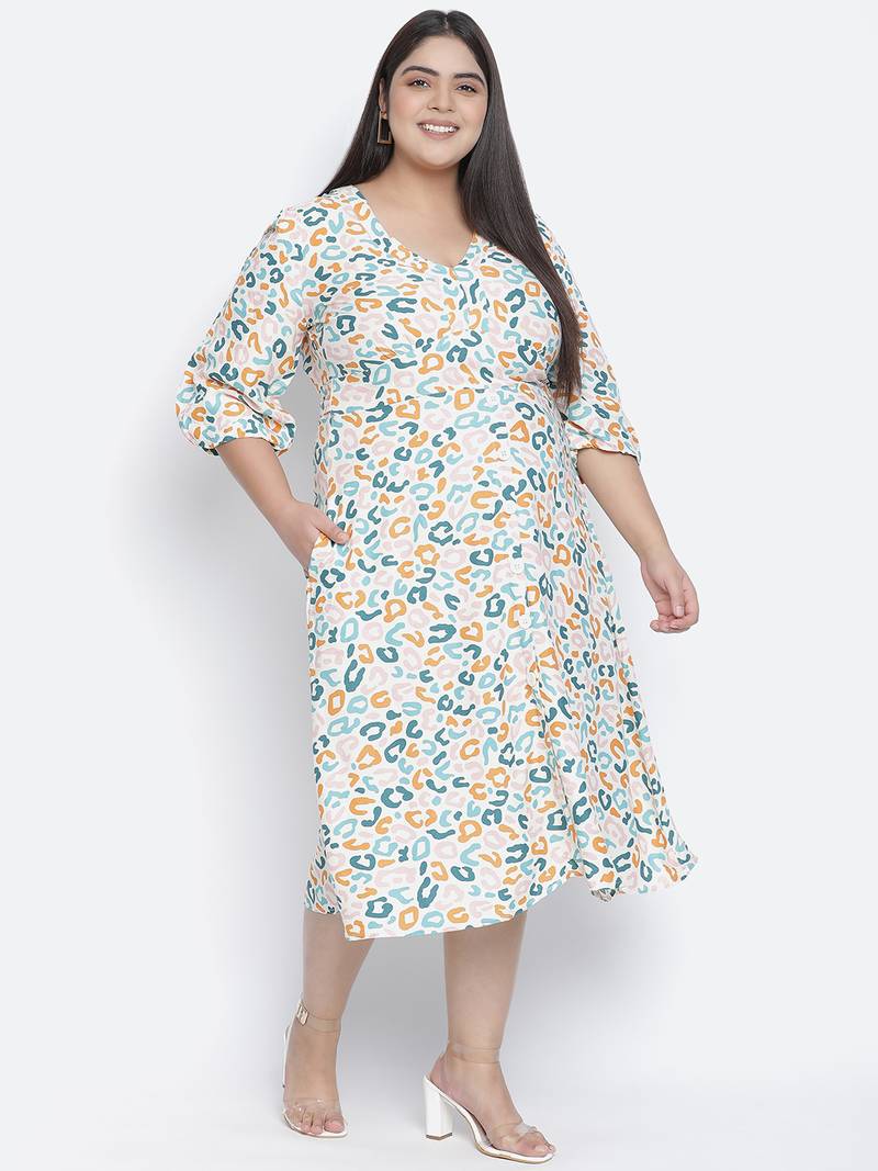 Rom pom animal print button - down plus size women dress