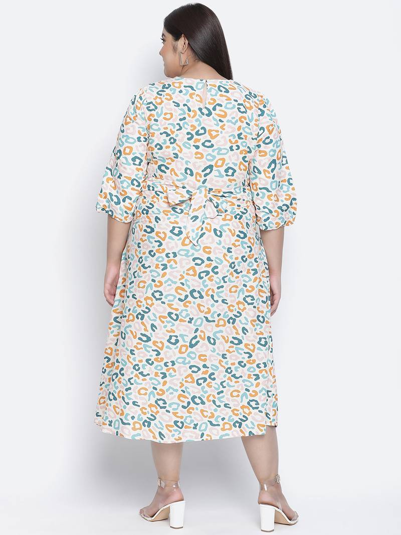 Rom pom animal print button - down plus size women dress