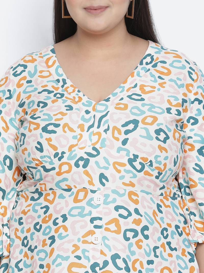 Rom pom animal print button - down plus size women dress