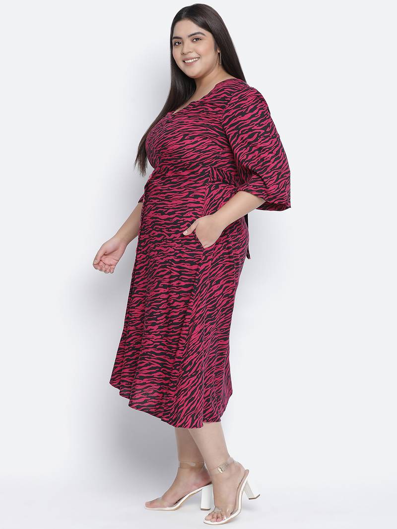 Wanic wine animal print plus size button - down dress