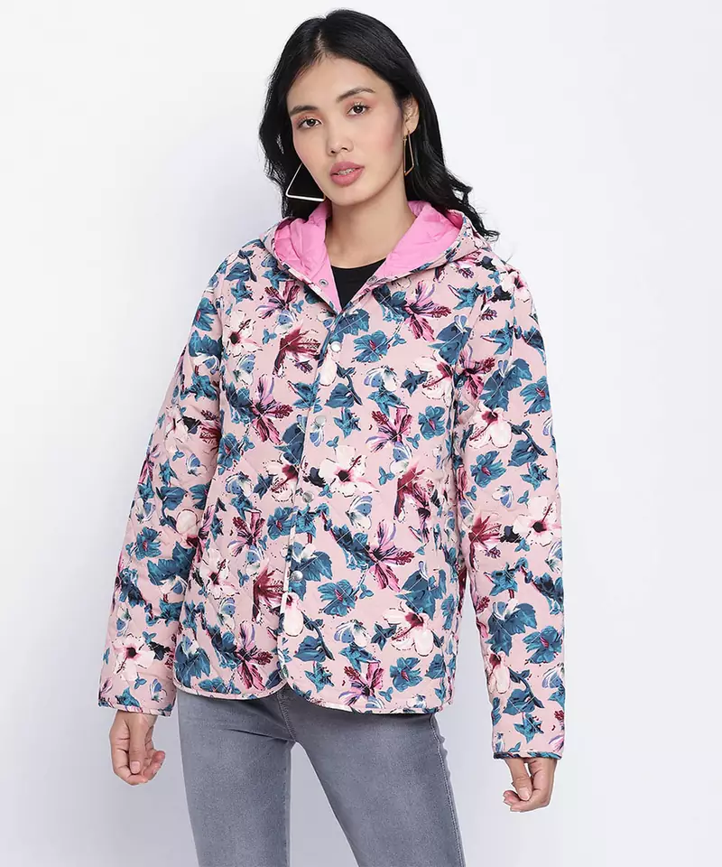 Pearl pink floral print women Quilted Hooded jacket