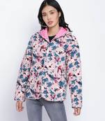 Pearl pink floral print women Quilted Hooded jacket