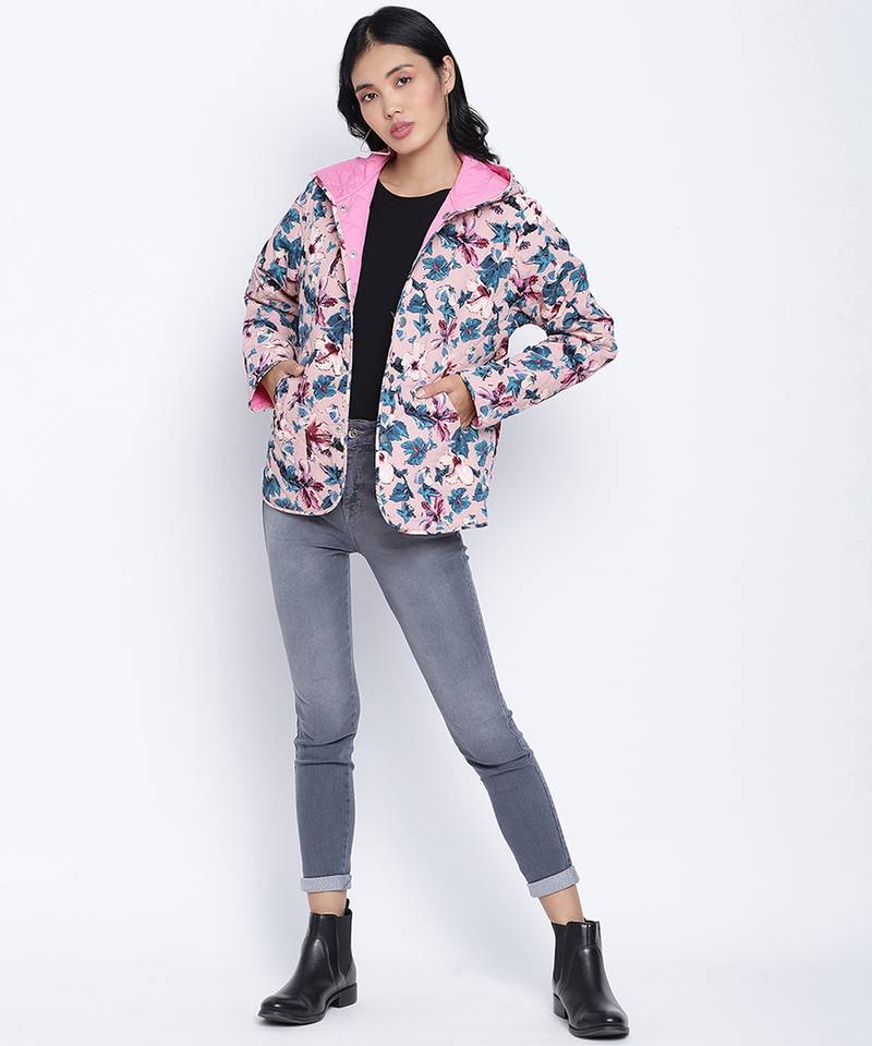 Pearl pink floral print women Quilted Hooded jacket
