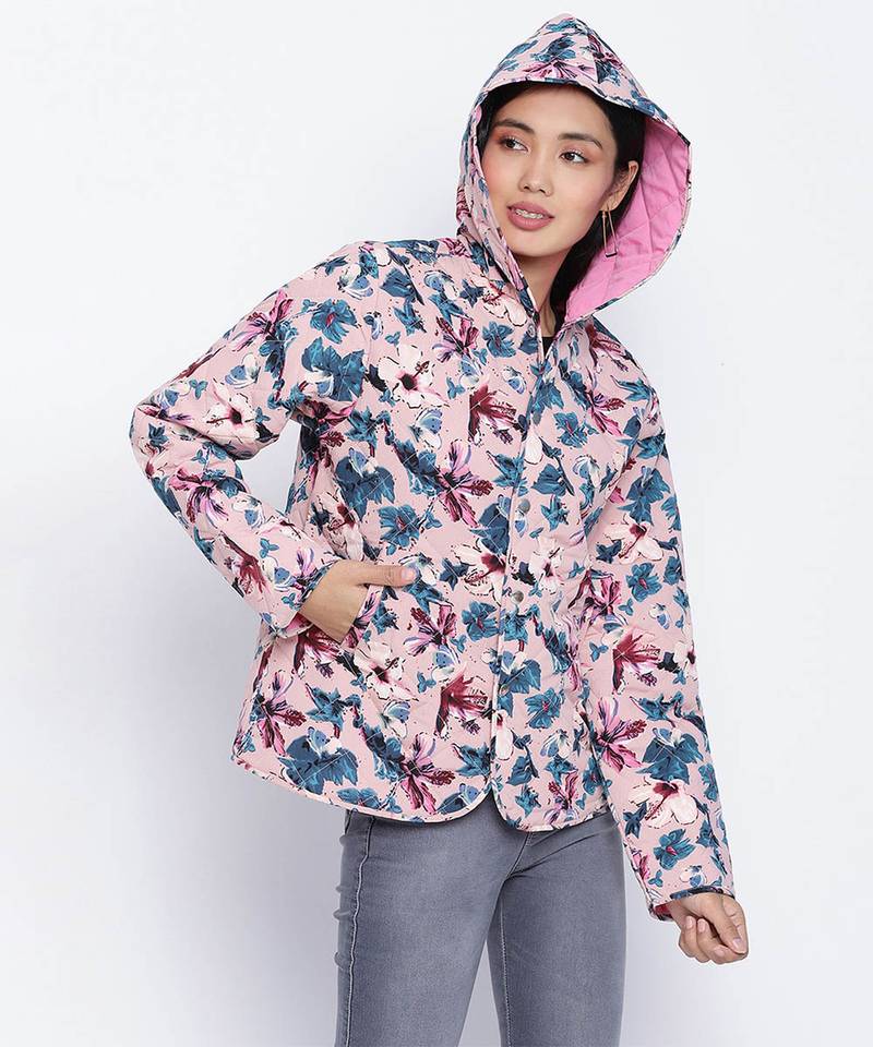 Pearl pink floral print women Quilted Hooded jacket