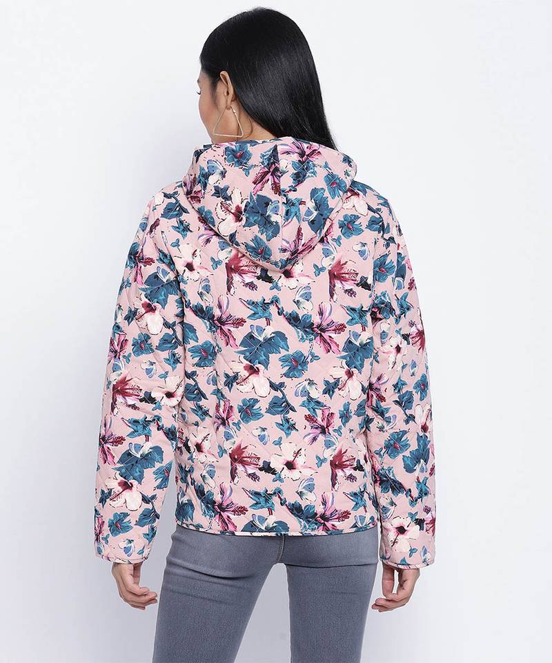 Pearl pink floral print women Quilted Hooded jacket