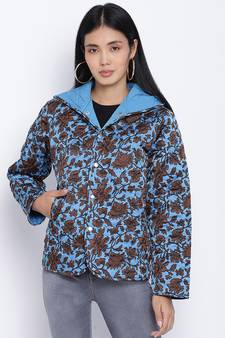 Heavenly Blue floral print women Quilted Hooded jacket