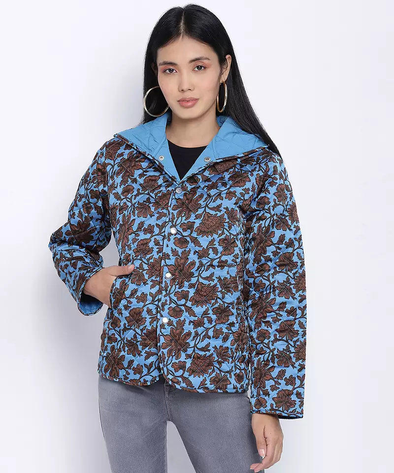 Heavenly Blue floral print women Quilted Hooded jacket