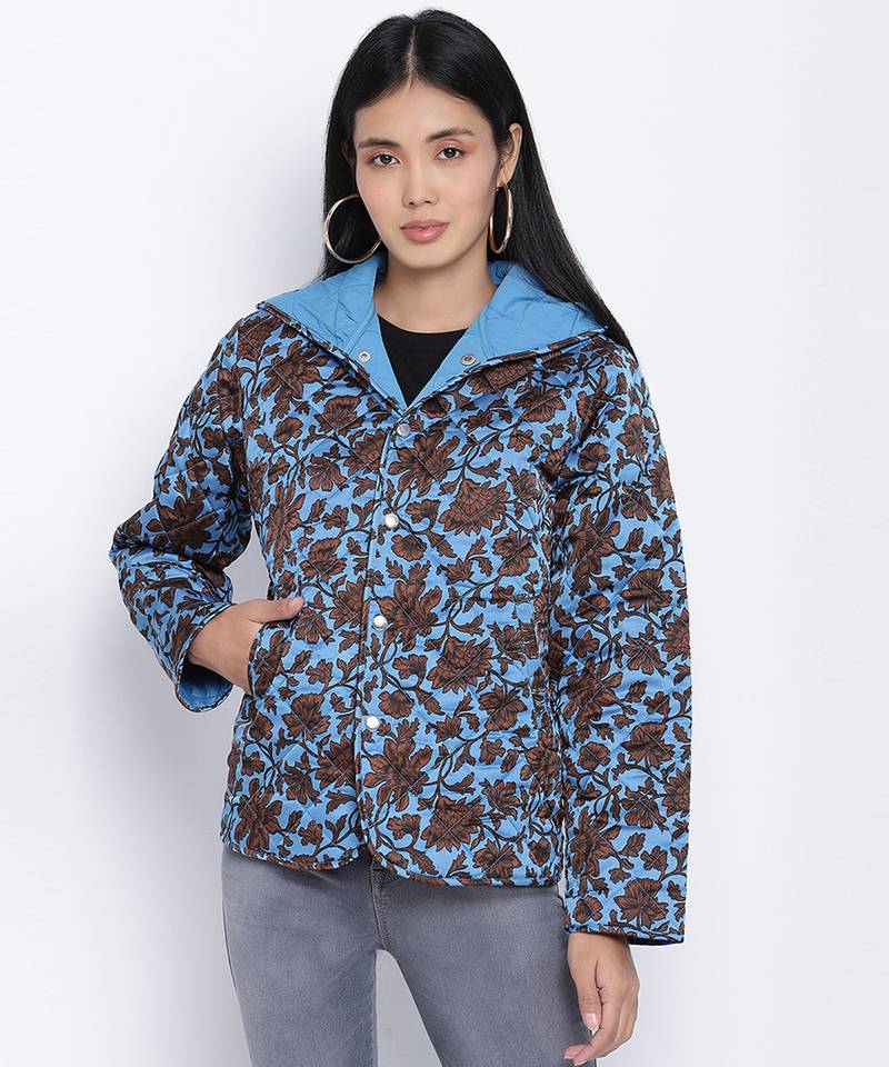 Heavenly Blue floral print women Quilted Hooded jacket