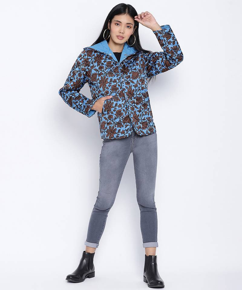Heavenly Blue floral print women Quilted Hooded jacket