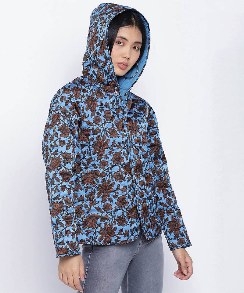 Heavenly Blue floral print women Quilted Hooded jacket