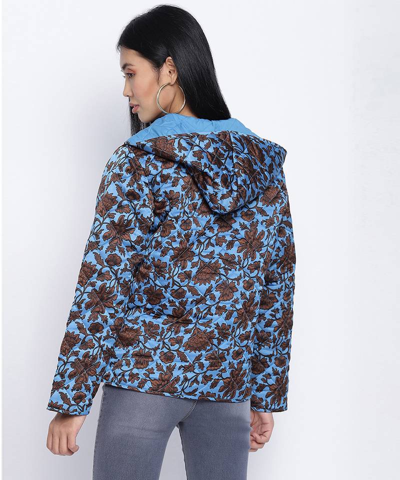 Heavenly Blue floral print women Quilted Hooded jacket