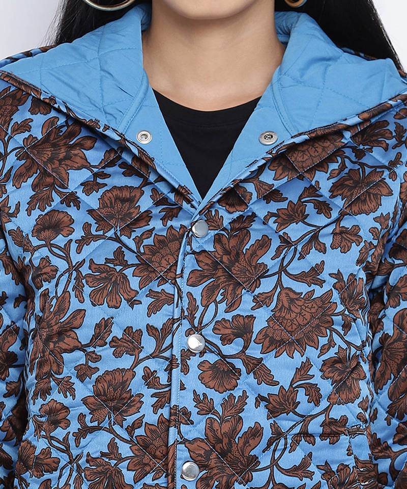 Heavenly Blue floral print women Quilted Hooded jacket