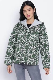 Glaring green floral print women Quilted Hooded jacket