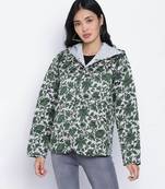 Glaring green floral print women Quilted Hooded jacket