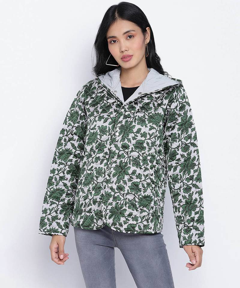 Glaring green floral print women Quilted Hooded jacket