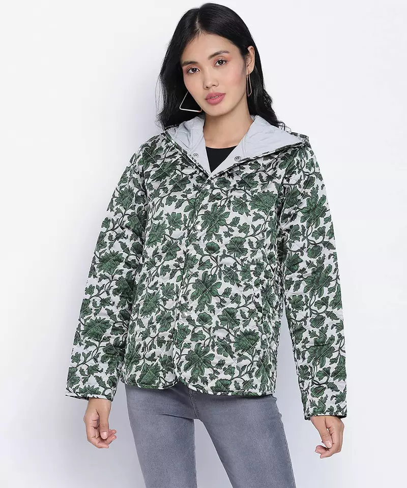 Glaring green floral print women Quilted Hooded jacket